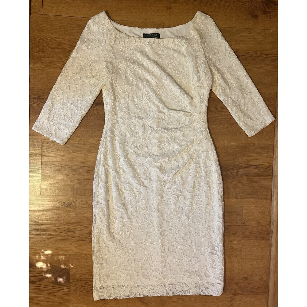 Ralph Lauren Cream Floral Lace Sheath Dress with Three-Quarter Sleeves